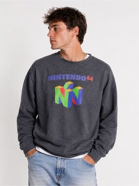 Nintendo 64 - Jerzees - Heathered Charcoal Crewneck Sweater - Unisex Medium Y2K